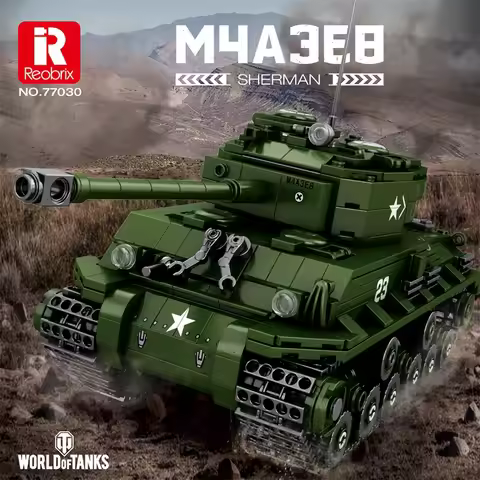 Reobrix M4A3E8 Sherman Tank Building Kit (836 PCS) | WWII US Army Model w/ Moving Tracks, Military G