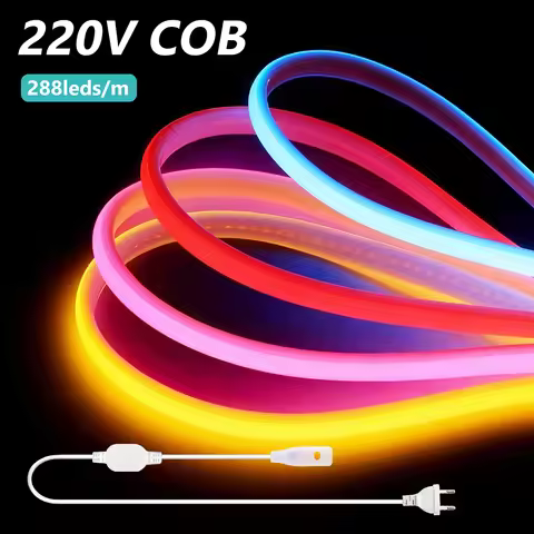 COB LED Neon Strip Light 220V EU Power Kit 10 Colors White Red Ice Blue Pink Yellow Purple Green 288