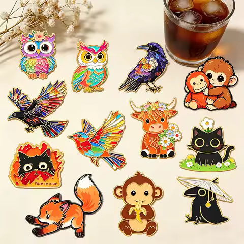 Cute Monkey Fox Crow Enamel Pin Colorful Rainbow Owl Bird Brooch Cartoon Black Cat Backpack Lapel Ba