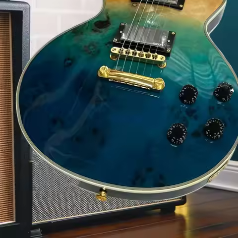 Blue Green Burst Burl Top LPQ Electric Guitar, Gold Tune-o-matic Bridge & EMG 81/85 Active Humbucker
