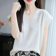 Summer New V Butterfly Collar Jacquard Short Sleeve Vest Elegant Simple Small Flutter Sleeves T T-sh