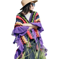 Ethnic Style Shawl Retro Colorful Stripes Print Tassel Ends Ruffle Trim Knitting Cape Travel Vacatio