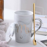 GELAS KERAMIK MARBLE COUPLE MR AND MRS LENGKAP DENGAN TUTUP DAN SENDOK EMAS/ ELEGANT COUPLE GIFT