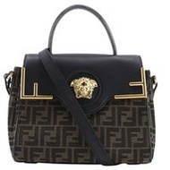 Pre-owned FENDI La Medusa Zucca handbag by Versace. Two-way shoulder bag in nylon canvas and leather