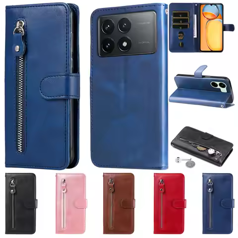 Luxury PU Leather Case for Xiaomi Poco F6 POCO F 6 Pro X6 M6 Pro 5G Poco C65 C61 X6Pro Zipper Card S