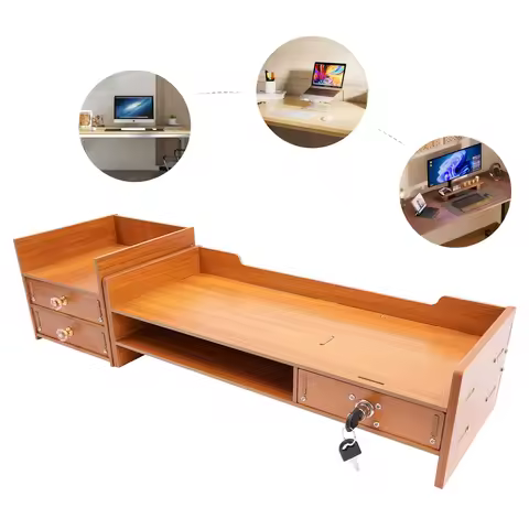 Wood Monitor Stand Riser 2 Tiers Exquisite Monitor Stand w/ Drawer Laptop Computer Monitor Riser for