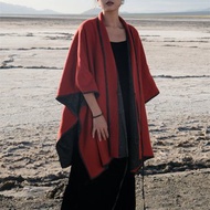 朱砂紅 秋冬高品質羊毛天絲斗篷 系帶披肩外套
