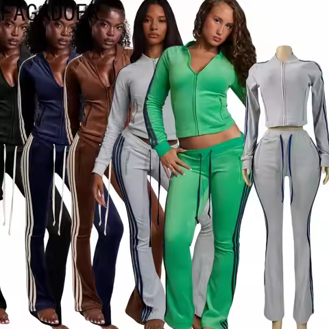 FAGADOER Casual Sports 2 Pieces Set for Woman Outfit Stripe Patchwork Long Sleeve Hooded Crop and Pa