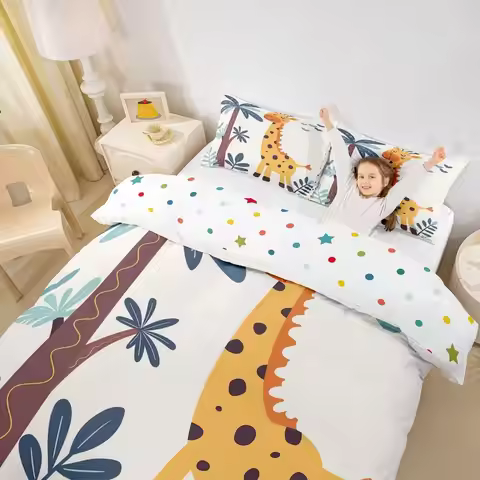 Giraffe Kids Bedding Set Super King,Cartoon Animal Frog Giraffe Elephant Duck Duvet Cover Set with P