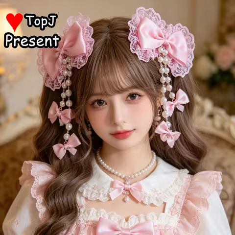 Sweet Lolita Lace Trim Hair Clips Japanese JK Gyaru Style Bow Pearl Chain Pair Hair Clips Elegant Wo