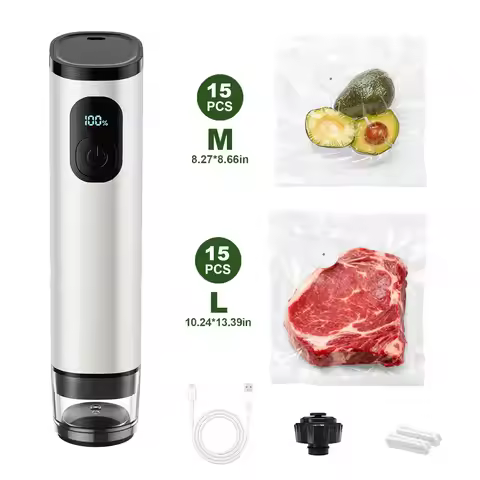 Portable Aluminum Electric Vacuum Pump 60kPa Handheld Food Saver with 30 Reusable Bags Wine Stopper 