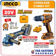 INGCO COMBO KIT Cordless Brushless Angle Grinder 4" 20V + Impact Drill 13mm CKLI2027310 INPTCL