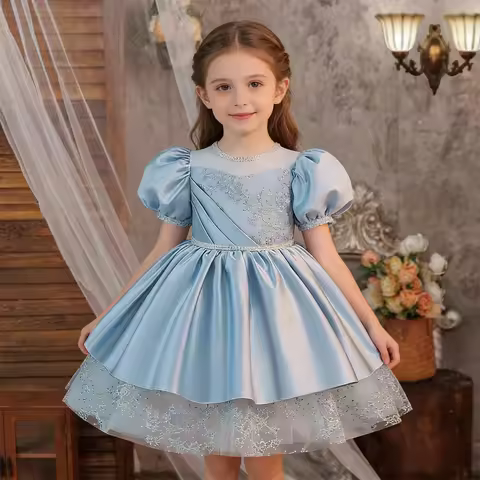 New Girls Princess Birthday Blue Dress Children Puff Sleeve Embroidered Satin Wedding Dress Little G