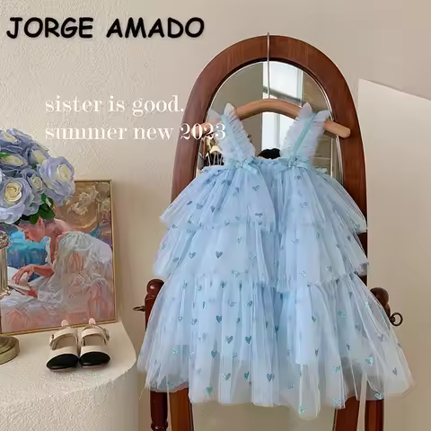 New Summer Baby Girls Party Dress Sleeveless Spaghetti Strap Love Heart Layered Princess Dresses for