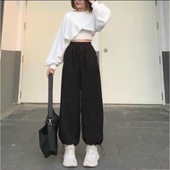 [HCM][HÀNG ĐẸP] Set Áo Croptop Trắng Chéo Phối Áo 2 Dây Quần Jogger Đen