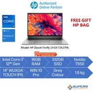 HP ZBook Firefly 14" TOUCH Screen 72K27PA Notebook (Intel Core i7 12th, 16gb ram, 512gb ssd, Nvidia 
