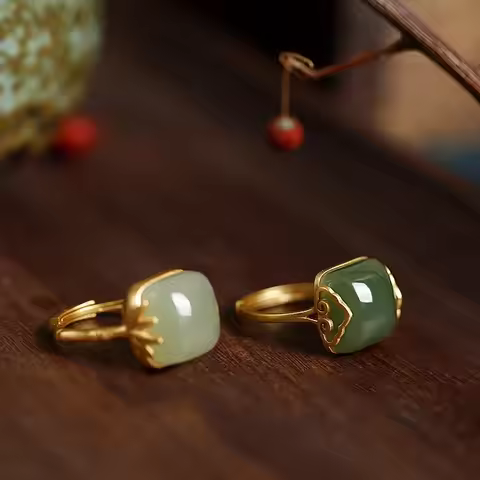 Light Luxury Women Gold Plated Inlaid Square Imitation Green Jade Stone Rings for Women Adjustable R