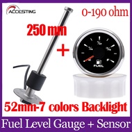52mm 0~190ohm 7 สี Backlight Pointer มาตรวัดระดับน้ำมันเชื้อเพลิงมาตรวัดระดับน้ำ + 100mm 150mm 200mm