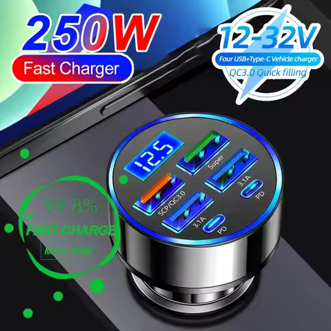 Car Mounted Charger with Led Digital Display 27W 6 in 1 Quick Adapter 4 Usb Port 2 Type-C Pd Car Cha