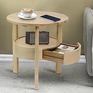 Round Coffee Table with Hidden Drawer - 20" D x 20" H Real Oak Wood Round Side Table with Storage, 2