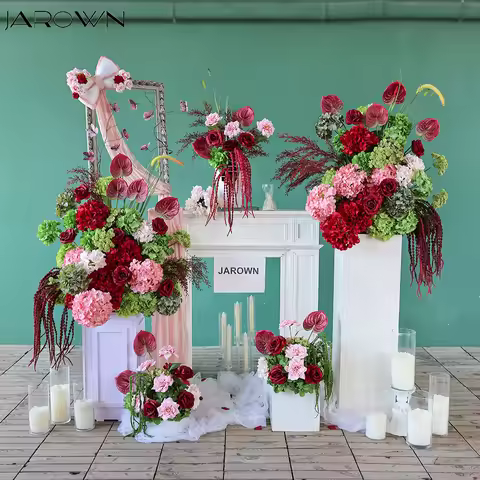 Wedding Decoration Luxury Burgundy & Pink Artificial Rose Hydrangea Anthurium Flower Arrangement for