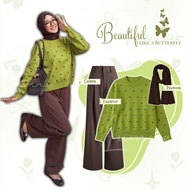 One Set HijabWanita Korean Style 3in1Wanita Polka Love Knitted Sweater/ + Premium Knit Pants Full El