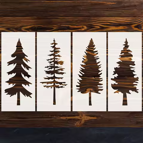 4pcs Merry Christmas Tree Painting Stencils Evergreen Skinny Tree Xmas Holiday Wall Floor Wood Paint
