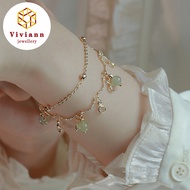 Viviann Original Design 14k Gold Filled Hetian Jade Double Layer Bracelet Exquisite Pendant Tassel Bracelet For Women Fashion Heart Chain Bracelets Bangle Wedding Bridal Jewelry Accessories Gifts