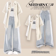 College Style Outfit Set - Short Sleeve Shirt + Denim Pants | Saltstyle Look for Women