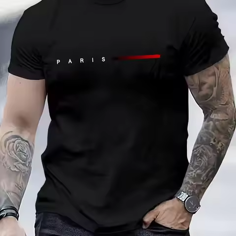 Men's 100% Cotton Summer Loose PARIS Creative Letter Print Casual Slim Fit Round Neck Short Sleeved 