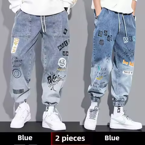 Korean Baggy Jeans Men 2024, Spray Paint Tapered Pants with Cuffed Hem, Hip Hop Street Style Jogger