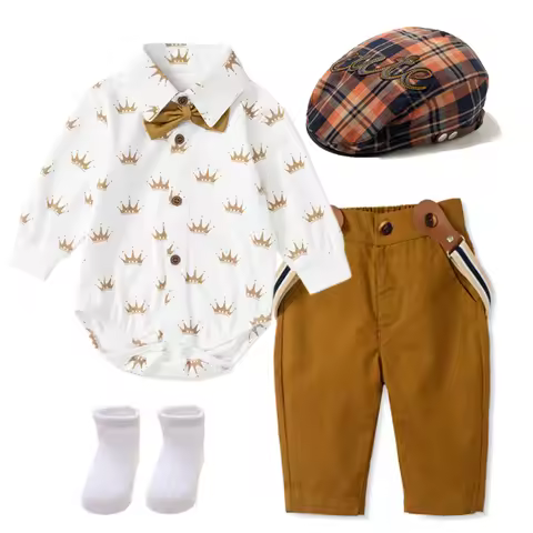 Cotton Baby Boy Clothing Outfit Handsome Newborn Romper Set White Crown Jumpsuit + Pants with Strap