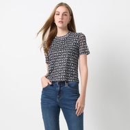 f.fashion เสื้อตาข่ายลายโมโนแกรม ผู้หญิง สีดำขาว I Knittop Monogram in Mesh Fabric I 06500