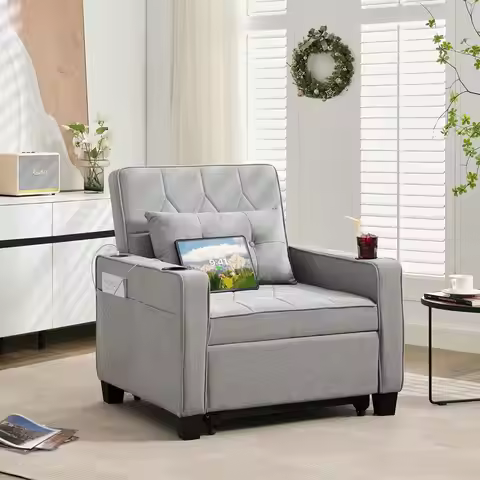 Convertible Sleeper Chair 3-in-1 Bed USB/Type-C Cup Holder Side Pocket Living Room Bedroom Small Spa