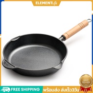 Cast Iron Frying Pan Round Skillet Wooden Handle Camping Frying Pan Multi-Function Flat Frying Pot f
