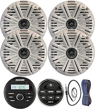 Kicker Weather-Resistant Gauge Style Bluetooth Marine Digital Media Receiver Bundle with Wired Remote, 4X 6.5 2-Way 195W Max Coaxial Marine Speakers w/White Salt Water Grilles, Wire, 22" Antenna