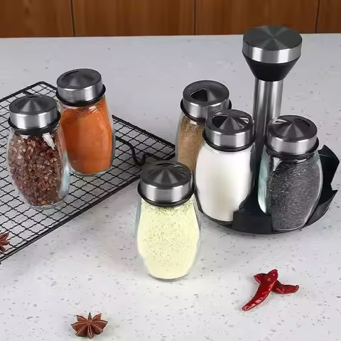 Spice bottle: Two sets: 1 glass bottle (excluding spices) 6 glass bottles with holder (excluding spi