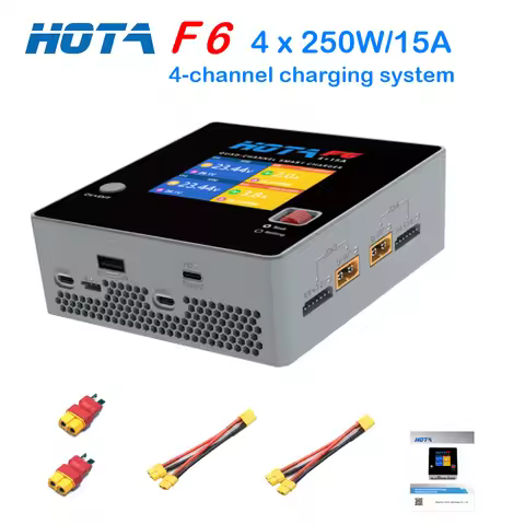 HOTA F6 Charger 4x250W/15A for Lipo With two xt60 rotating T heads and two xt60 parallel charging li
