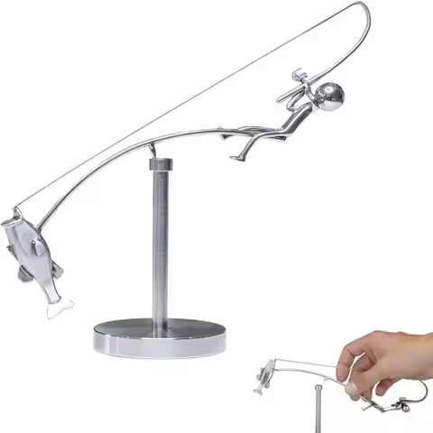 Handmade Kinetic Fishing Sculpture Metal Desk Ornament The Fisherman Balancing Sculpture Gift Kineti