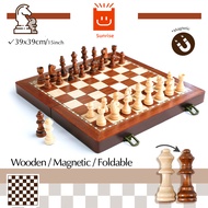 [Sunrise] 39cm Chess Board Tournament Size Magnetic Solid Wooden Chess Set with Folding Chess Board &amp; Staunton Chess Pieces 2 Extra Queens Portable