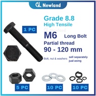 Newland Agriculture M6 Bolt and Nut - Grade 8.8 Hex Long Bolt Partial Thread / Nut / Skru / Screw Pa
