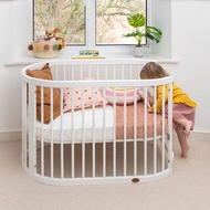 櫻桃傢俱 - 實木嬰兒床多功能可移動圓床多檔拼接床新生兒床124CM（床+乳膠床褥）