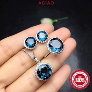 AGIAO PT950 Sri Lanka Aquamarine Set 4 Carat Ring Stud Earrings Pendant Platinum Jewelry for Women