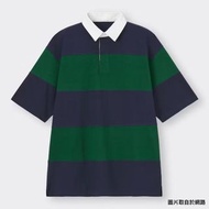 GU 短袖 橄欖球衫 POLO衫 襯衫領 條紋 剪接 Oversized 落肩 寬鬆 藍綠