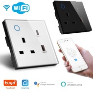 UK Tuya WIFI Smart USB Wall Socket Universal Plug Outlet 15A Power Touch Switch Wireless Charge Work