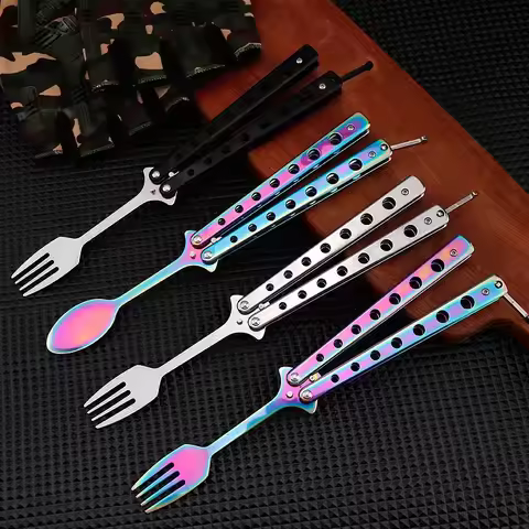 Butterfly Knife Folding Spoon Fork Balisong Training Spoon Fork Butterfly Knife Trainer Outdoor Camp