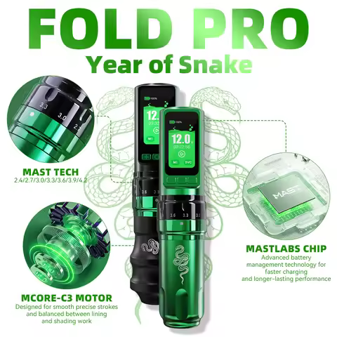 Dragonhawk Fold Pro Snake Year Edition Wireless Tattoo Machine 7Strokes 2 Batteries 3000mAh 2 Grips
