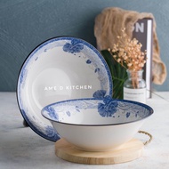 Mangkok bijian keramik bulat besar 9" motif bunga biru/ Mangkok sayur keramik bunga biru