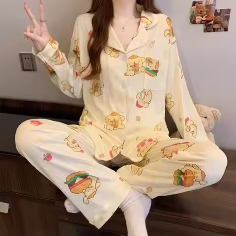 Sanrio Pompom Purin Women Sleeping Pajamas Sets Kawaii Cartoon Autumn Long Sleeve Pant Student Dormi