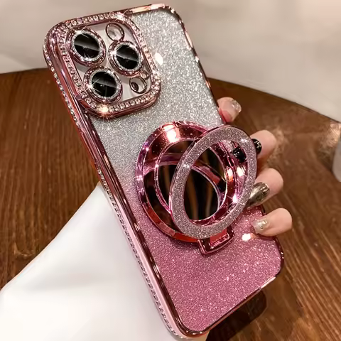 Luxury Plating Glitter Mirror Holder Stand Case for iPhone 12 13 14 15 16 Pro max for Magsafe Magnet